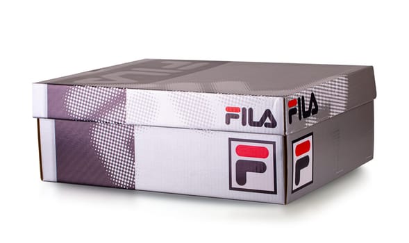 KAMCHATKA, RUSSIA -OCTOBER 17, 2021: Box Fila shoe isolated on white background, Fila is one of the most famous brands in the world