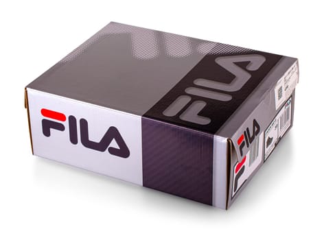 KAMCHATKA, RUSSIA -OCTOBER 17, 2021: Box Fila shoe isolated on white background, Fila is one of the most famous brands in the world