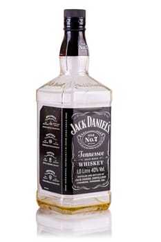 Kamchatka, Russia- 27 OCTOBER 2021: Empty bottle of Jack Daniel isolated on white background