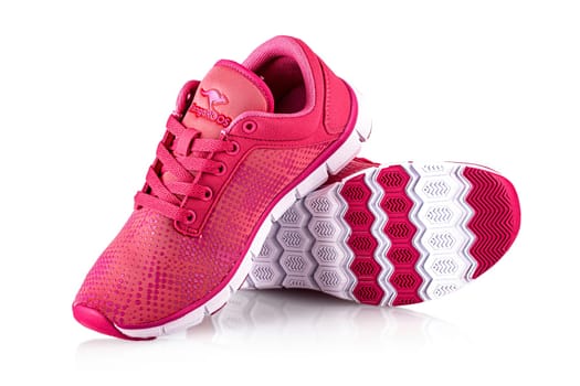 Kamchatka, Russia - Jule 02, 2021: Red Popular Sneakers KangaROOS. KangaROOS are an American brand of sneaker originally produced from 1979 through the 1980s.