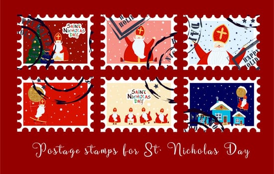 December 6. St. Nicolas day. Sinterkalaas. Winter Christian holiday for children. Christmas Holidays. Postage stamps for St. Nicholas. Stickers for envelopes. Vector festive postage stamps.