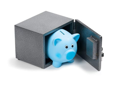 Blue ceramic piggy bank in a safe, isolated on white background. Bank savings, economy, financials investments, saving to buy a house, a car, for retirement concept.