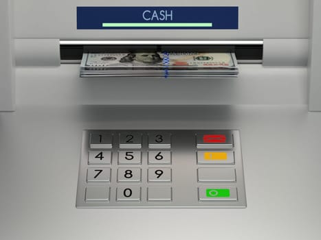 Atm machine keypad with banknotes in the money slot. Password security, online payment, cash withdrawal deposit, transfer funds, giving money returning bank debt concept. 3D illustration