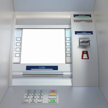 Atm machine with a card in card reader. Display screen, buttons, cash dispenser and receipt printer. Pin code safety, automatic banking, electronic cash withdrawal, bank account access concept.