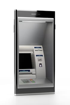 Mobile phone with atm machine. Display screen, buttons, cash dispenser, receipt. Online financial transactions, mobile banking. pin code safety, electronic cash withdrawal concept. 3D illustration