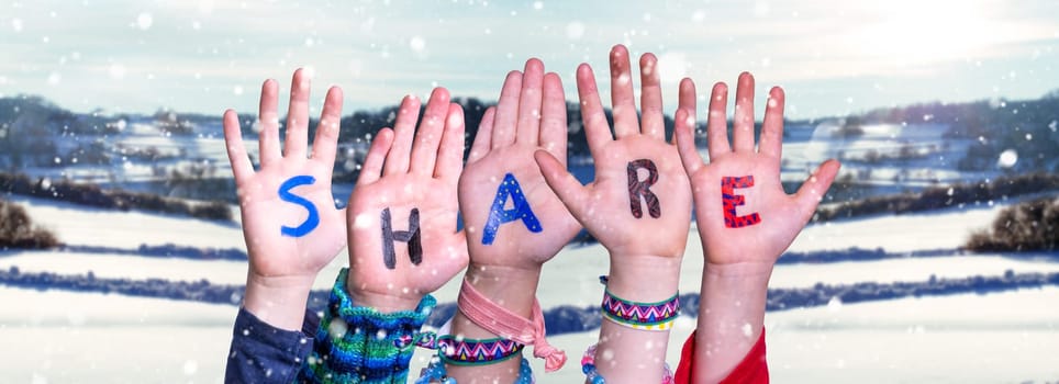 Children Hands Building Colorful English Word Share. Snowy Winter Background With Snowflakes