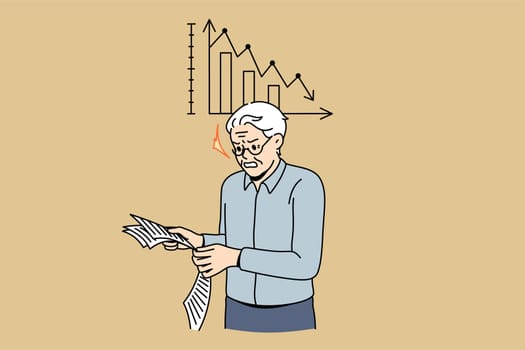 Negative statistics and bad news concept. Angry stressed mature old man standing reading newspaper with negative decreasing statistics feeling not satisfied vector illustration