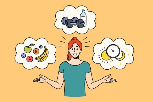 Healthy lifestyle and ration concept. Young positive pretty woman standing with healthy foods workout dumbbels and sleeping time schedule vector illustration