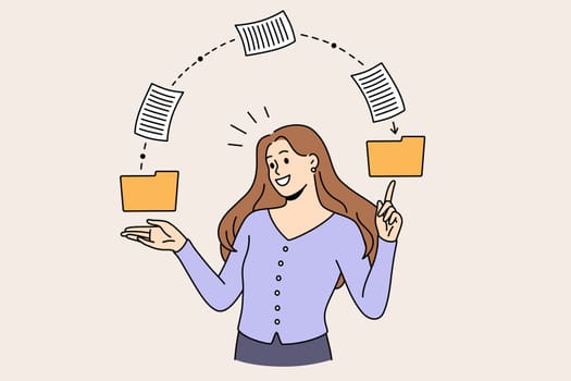 Sending information and knowledge concept. Young smiling woman professional standing pointing at files going from one file holder to another vector illustration
