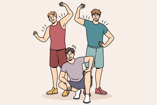 Athletes and sport lifestyle concept. group of young smiling strong men standing sitting showing biceps after workout vector illustration