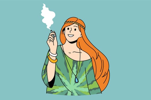 Living as hippie and free lifestyle concept. Young smiling woman hippie standing smoking cigarette feeling free vector illustration