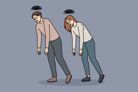 Tiredness and common exhaustion concept. Young man and woman walking with hands down feeling tired zombie vector illustration
