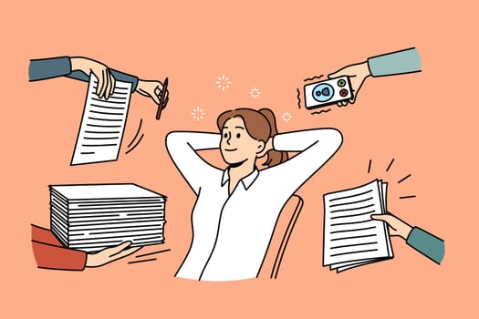 No stress and relaxation at work concept. Young relaxed woman cartoon character sitting in office smiling zen like with many duties around vector illustration