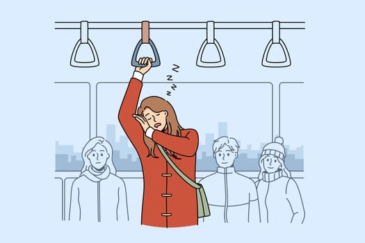Feeling sleepy in public transport concept. Young woman cartoon character standing trying to sleep im public bus on way to work vector illustration
