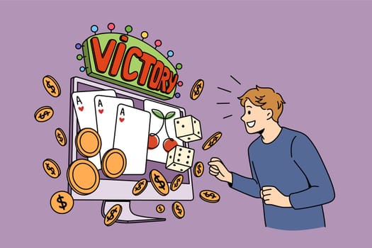 Online gambling and victory concept. Young smiling man cartoon character standing looking at laptop screen with gambling and financial victory vector illustration