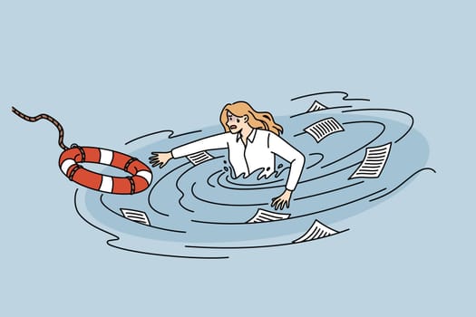Business crisis and helping hand concept. Stressed business woman drowning in water of her business trying to reach for lifebuoy vector illustration