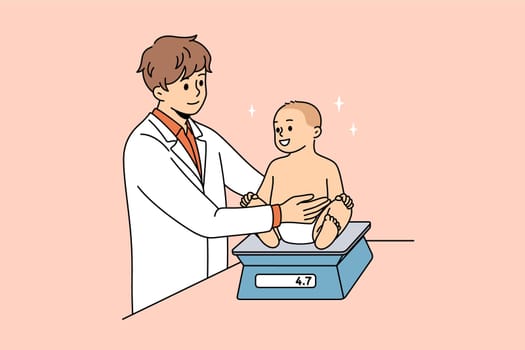 Working as pediatrician with babies concept. Young man doctor in white uniform standing and measuring happy baby weight with scales vector illustration