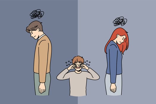 Divorce and family breaking concept. Small depressed boy kid standing and crying while his parents have problems breaking up divorce vector illustration