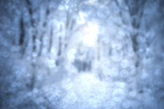 Winter landscape background. Abstract white blue snowfall in the forest with falling snowflakes. Merry Christmas and Happy new Year card with copy space.