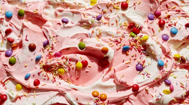 Tasty party treat variegated strawberry and vanilla ice cream with sugar-coated candy and colorful sprinkles topping in a close up full frame background texture
