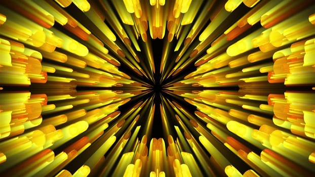 3D rendering radiation from the center of golden flickering particles on a black background, computer generated abstract background