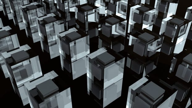 Geometric cabinets with 3d render transparent walls. Crystal server room for storing blocks of information. Square microprocessors of quantum computer for digital calculations.