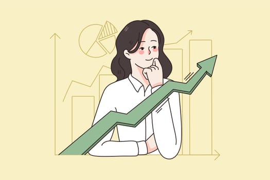 Business development and success concept. Young business woman looking at arrow up meaning corporate development and increasing vector illustration