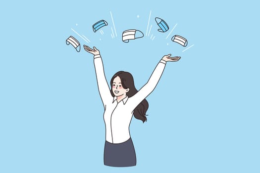 End of coronavirus pandemic concept. Young smiling woman standing and throwing away protective medical masks feeling excited vector illustration