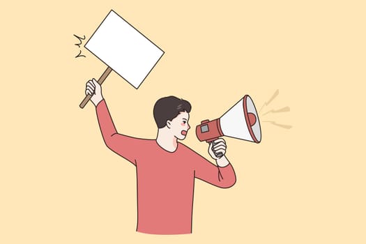 Public announcement and promotion concept. Young active man standing and shouting in speaker with white blank sign in hand vector illustration