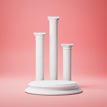 Empty Rounded White Stucco Product Display Podium with Ancient Columns on Red Background. 3D Rendering Illustration