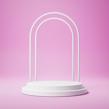 Empty Round Shaped White Stucco Product Display Podium with Decoration on Pink Background. 3D Rendering Illustration