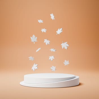 Empty Cylindrical Slices White Stucco Product Display Podium with Falling Leaves on Orange Background. 3D Rendering, Autumn Concept Illustration