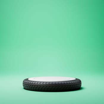 Empty Rounded Black and White Stucco Tire Shaped Product Display Pedestal on Green Background. 3D Rendering Illustration