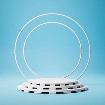 Empty Cylindrical White Stucco Product Display Podium with Circles Decoration on Blue Background. 3D Rendering Illustration