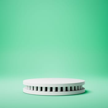 Empty Rounded White Stucco Product Display Pedestal with Columns on Green Background. 3D Rendering Illustration