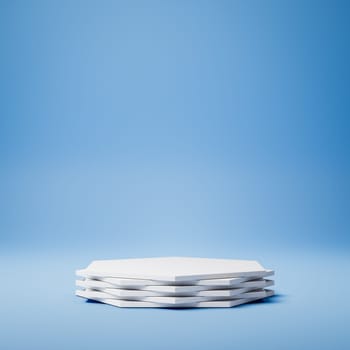 Empty Hexagonal White Stucco Product Display Podium on Blue Background. 3D Rendering Illustration