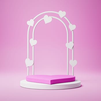 Empty Heart Shaped White Stucco Product Display Podium with Decoration on Pink Background. 3D Rendering Illustration, Love Concept