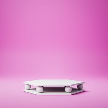 Empty Hexagonal White Stucco Product Display Stage with Spheres on Purple Background. 3D Rendering Illustration