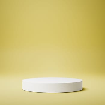 Empty Cylindrical White Stucco Product Display Stage on Yellow Background. 3D Rendering Illustration