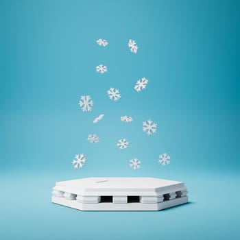 Empty Hexagonal White Stucco Product Display Podium with Snowflakes on Blue Background. 3D Rendering Illustration, Winter Concept