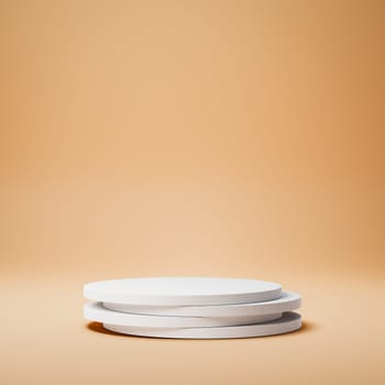 Empty Cylindrical Slices White Stucco Product Display Podium on Orange Background. 3D Rendering Illustration