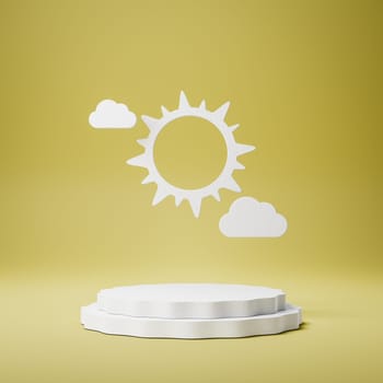 Empty Rounded White Stucco Product Display Stage with Sun and Clouds on Yellow Background. 3D Rendering Illustration, Summer Concept