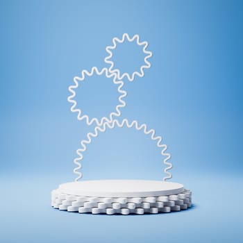 Empty Cylindrical Gear Shaped White Stucco Product Display Podium on Blue Background with Gears Decoration. 3D Rendering Illustration