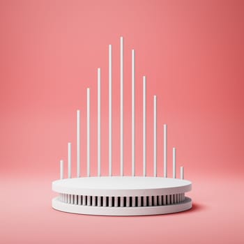 Empty Rounded White Stucco Product Display Podium with Decoration on Red Background. 3D Rendering Illustration