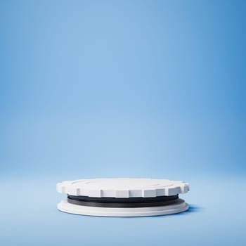 Empty Cylindrical Gear Black and White Stucco Product Display Podium on Blue Background. 3D Rendering Illustration
