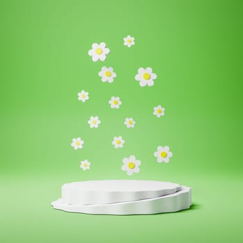 Empty Rounded White Stucco Product Display Pedestal with Daisy Flowers on Green Background. 3D Rendering Illustration, Spring Concept
