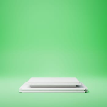 Empty Squared White Stucco Product Display Pedestal on Green Background. 3D Rendering Illustration
