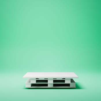 Empty Squared White Stucco Product Display Pedestal Pallet Shape on Green Background. 3D Rendering Illustration