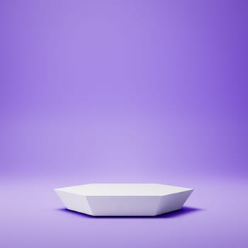 Empty Hexagonal White Stucco Product Display Stage on Purple Background. 3D Rendering Illustration