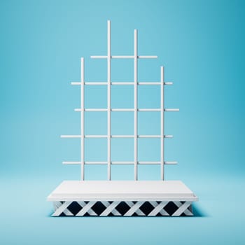 Empty Squared White Stucco Product Display Podium with Net Shaped Decoration on Blue Background. 3D Rendering Illustration
